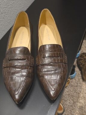Marc Fisher Brown Croc-Embossed Pointed Penny Loafers